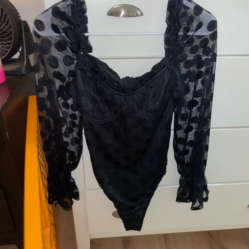 Shein Black Polka Dot Shear Sleeve Bodysuit